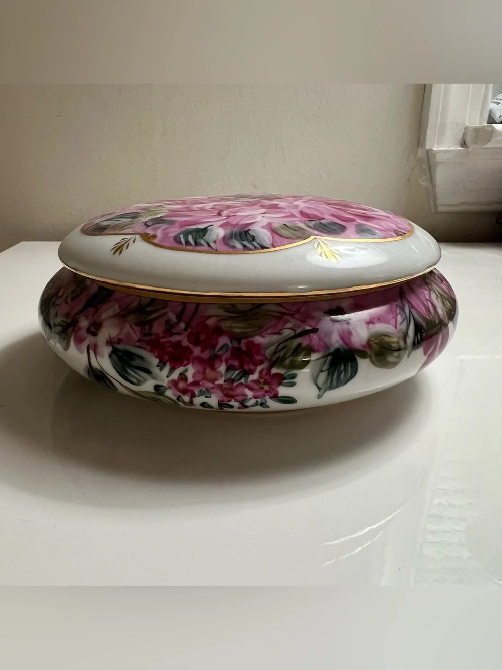 Formalities by Baum Bros Hand Painted Floral Porcelain Trinket Box Gold Trim